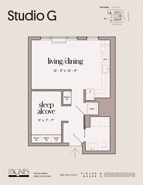 Floor plan for studio, 1 bath, 586 sqft